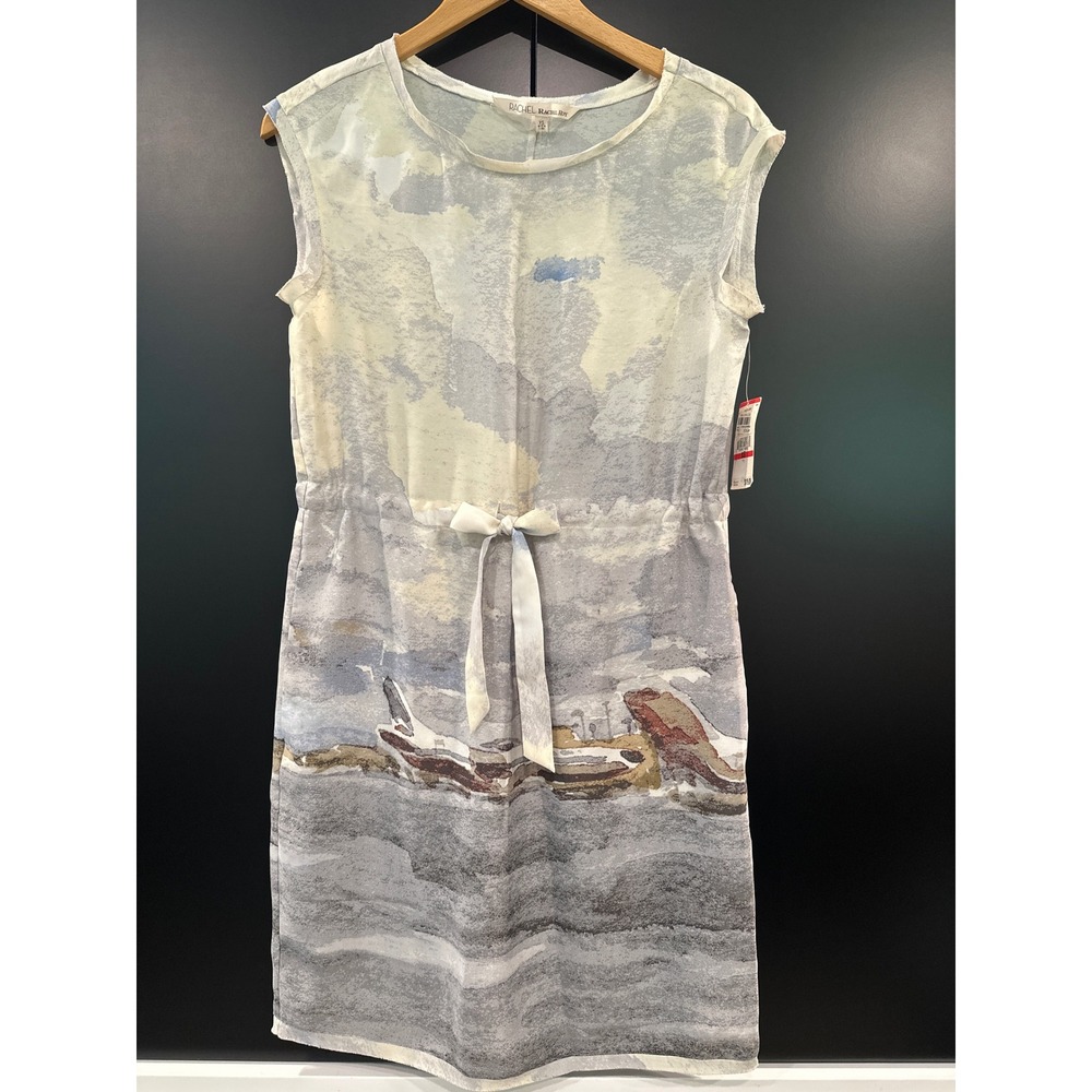 RARE Rachel Roy XS Watercolor Landscape Print Sleeveless Tie‎ Waist Dress NWT